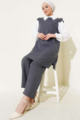 Pazarium - Yaka Taşlı Gömlek Garnili İkili Takım Antrasit