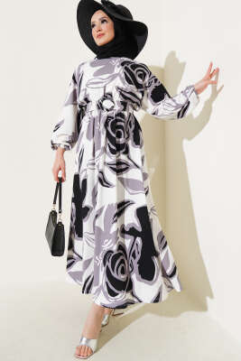 Pazarium - Yaprak Desenli Bel Lastikli Kemerli Elbise Siyah