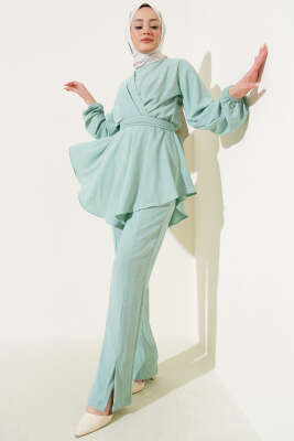 Pazarium - Bel Lastikli Tunik Bürümcük İkili Takım Mint