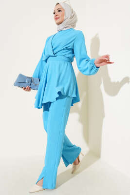 Pazarium - Bel Lastikli Tunik Bürümcük İkili Takım Mavi