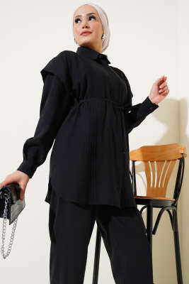 Önü Dik Pileli İp Bağcıklı İkili Takım Siyah - Thumbnail