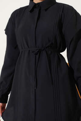 Önü Dik Pileli İp Bağcıklı İkili Takım Siyah - Thumbnail