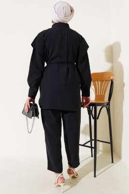 Önü Dik Pileli İp Bağcıklı İkili Takım Siyah - Thumbnail