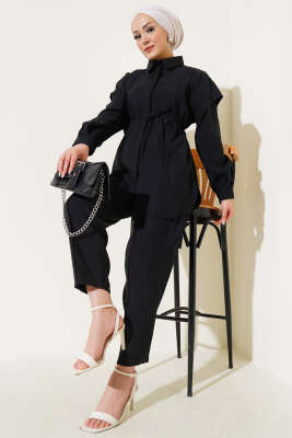 Önü Dik Pileli İp Bağcıklı İkili Takım Siyah - Thumbnail