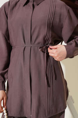 Önü Dik Pileli İp Bağcıklı İkili Takım Kahve - Thumbnail