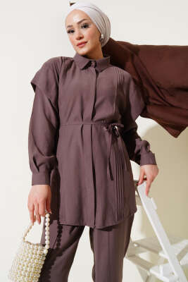 Önü Dik Pileli İp Bağcıklı İkili Takım Kahve - Thumbnail