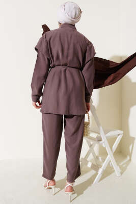 Önü Dik Pileli İp Bağcıklı İkili Takım Kahve - Thumbnail