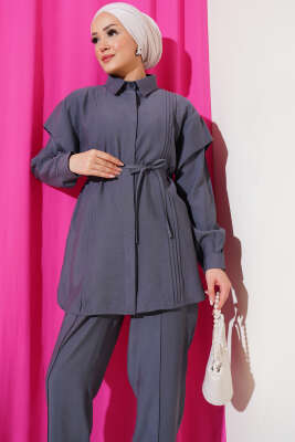 Önü Dik Pileli İp Bağcıklı İkili Takım Füme - Thumbnail