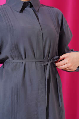 Önü Dik Pileli İp Bağcıklı İkili Takım Füme - Thumbnail