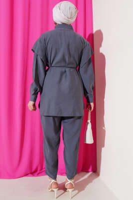 Önü Dik Pileli İp Bağcıklı İkili Takım Füme - Thumbnail