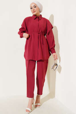 Pazarium - Önü Dik Pileli İp Bağcıklı İkili Takım Bordo