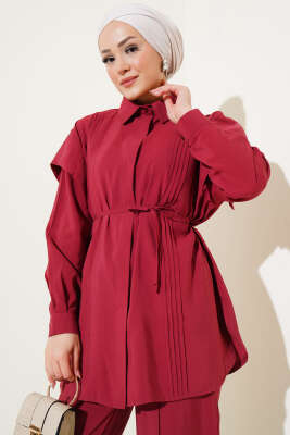 Önü Dik Pileli İp Bağcıklı İkili Takım Bordo - Thumbnail