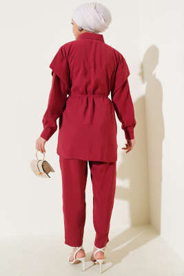 Önü Dik Pileli İp Bağcıklı İkili Takım Bordo - Thumbnail