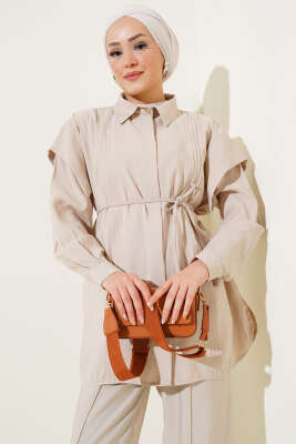 Önü Dik Pileli İp Bağcıklı İkili Takım Bej - Thumbnail