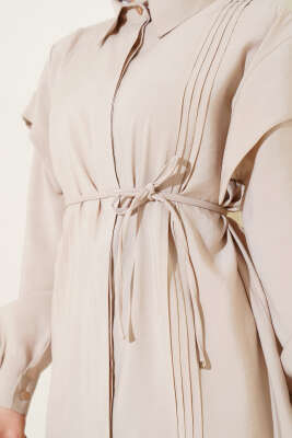 Önü Dik Pileli İp Bağcıklı İkili Takım Bej - Thumbnail