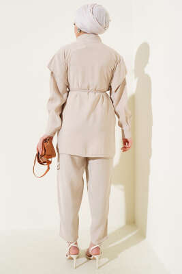 Önü Dik Pileli İp Bağcıklı İkili Takım Bej - Thumbnail