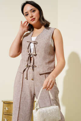 Önü Bağlamalı Yelekli İkili Takım Vizon - Thumbnail