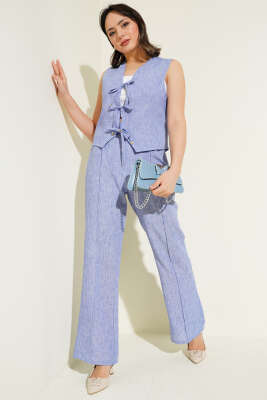 Önü Bağlamalı Yelekli İkili Takım İndigo - Thumbnail