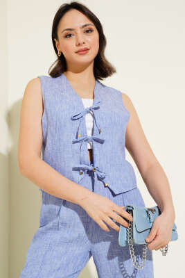 Önü Bağlamalı Yelekli İkili Takım İndigo - Thumbnail