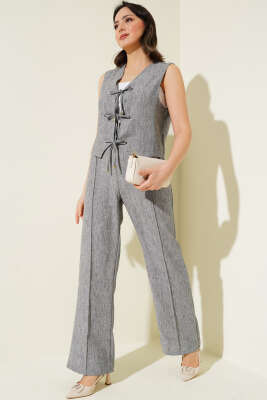 Önü Bağlamalı Yelekli İkili Takım Füme - Thumbnail