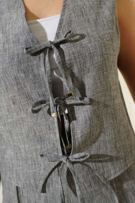 Önü Bağlamalı Yelekli İkili Takım Füme - Thumbnail