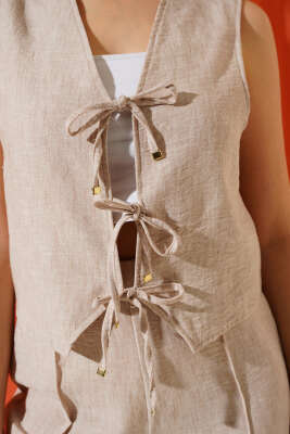 Önü Bağlamalı Yelekli İkili Takım Bej - Thumbnail