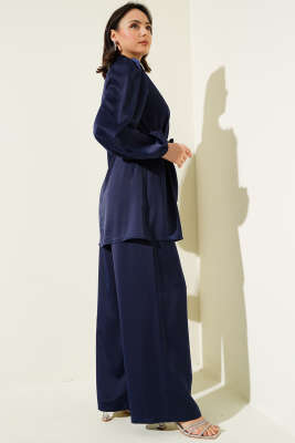 Yakası Taşlı Kuşaklı Saten İkili Takım Lacivert - Thumbnail