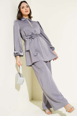 Yakası Taşlı Kuşaklı Saten İkili Takım Gri - Thumbnail