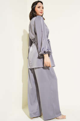 Yakası Taşlı Kuşaklı Saten İkili Takım Gri - Thumbnail