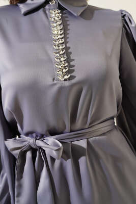 Yakası Taşlı Kuşaklı Saten İkili Takım Gri - Thumbnail