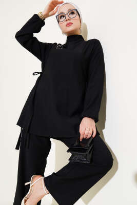 Pazarium - Yanları Bağlamalı Tunik İkili Takım Siyah