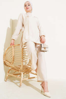 Pazarium - Yanları Bağlamalı Tunik İkili Takım Bej