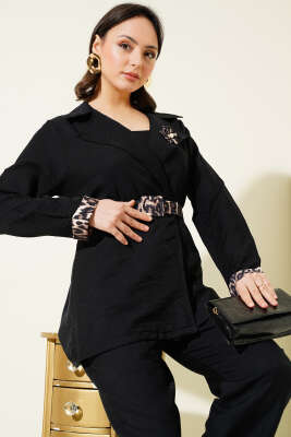 Leopar Detaylı Kemerli İkili Takım Siyah - Thumbnail