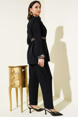 Leopar Detaylı Kemerli İkili Takım Siyah - Thumbnail