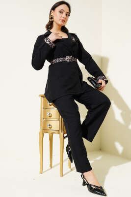 Pazarium - Leopar Detaylı Kemerli İkili Takım Siyah