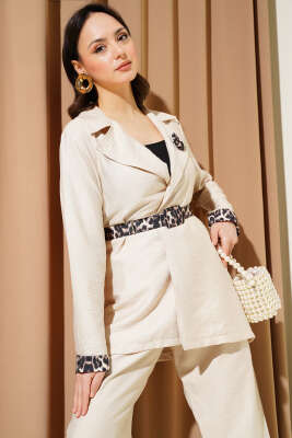 Pazarium - Leopar Detaylı Kemerli İkili Takım Bej