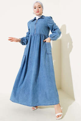 Pazarium - Yarım Fermuarlı Etek Cepli Kot Elbise Kot