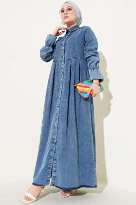 Pazarium - Boydan Düğmeli Pile Detaylı Kot Elbise Kot