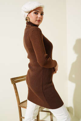 Balıkçı Yaka Fitilli Basic Triko Tunik Kahve - Thumbnail