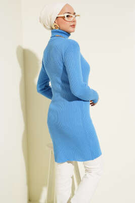 Balıkçı Yaka Fitilli Basic Triko Tunik İndigo - Thumbnail