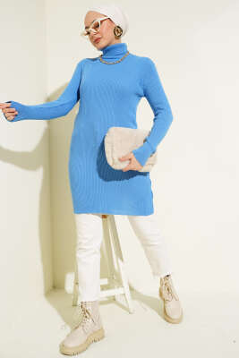 Balıkçı Yaka Fitilli Basic Triko Tunik İndigo - Thumbnail