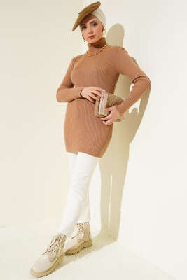 Balıkçı Yaka Fitilli Basic Triko Tunik Büsküvi - Thumbnail