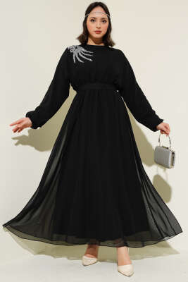 Yakası Taşlı Kuşaklı Şifon Elbise Siyah - Thumbnail