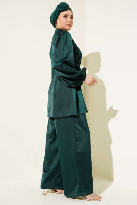 Yakası Taşlı Kuşaklı Saten İkili Takım Zümrüt - Thumbnail