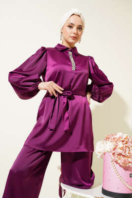 Yakası Taşlı Kuşaklı Saten İkili Takım Mürdüm - Thumbnail