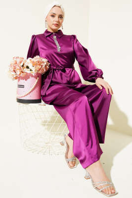 Yakası Taşlı Kuşaklı Saten İkili Takım Mürdüm - Thumbnail