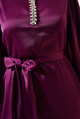 Yakası Taşlı Kuşaklı Saten İkili Takım Mürdüm - Thumbnail