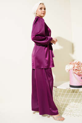 Yakası Taşlı Kuşaklı Saten İkili Takım Mürdüm - Thumbnail