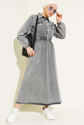 Pazarium - Bel Lastikli Midye Dikişli Kot Elbise Gri