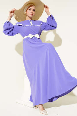 Pazarium - Fiyonk Kuşaklı Bebe Yaka Elbise Lila